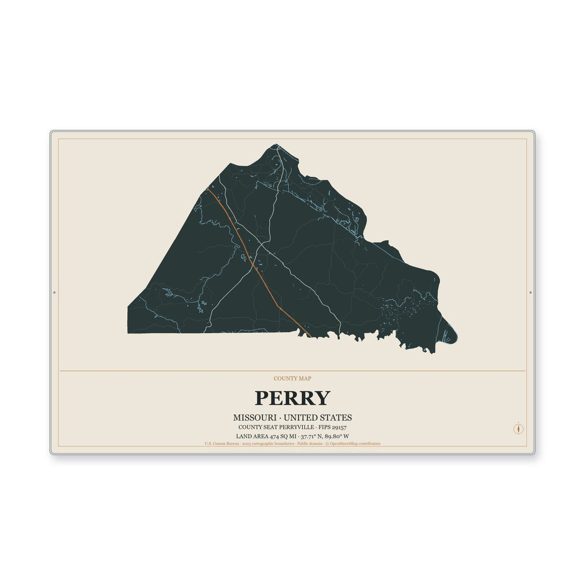 Perry County, Missouri Map Aluminum Sign in Headline Atlas style