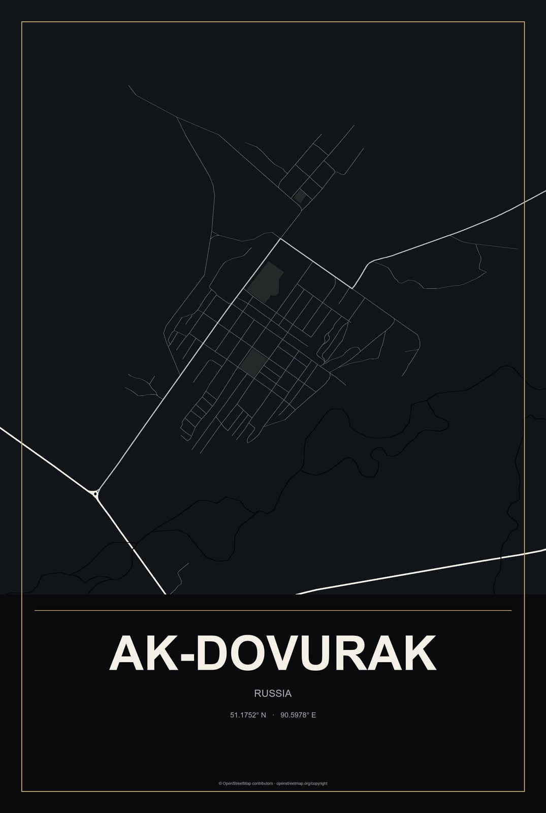 Ak-Dovurak, Russia City Map Aluminum Sign in Metropolitan Noir style