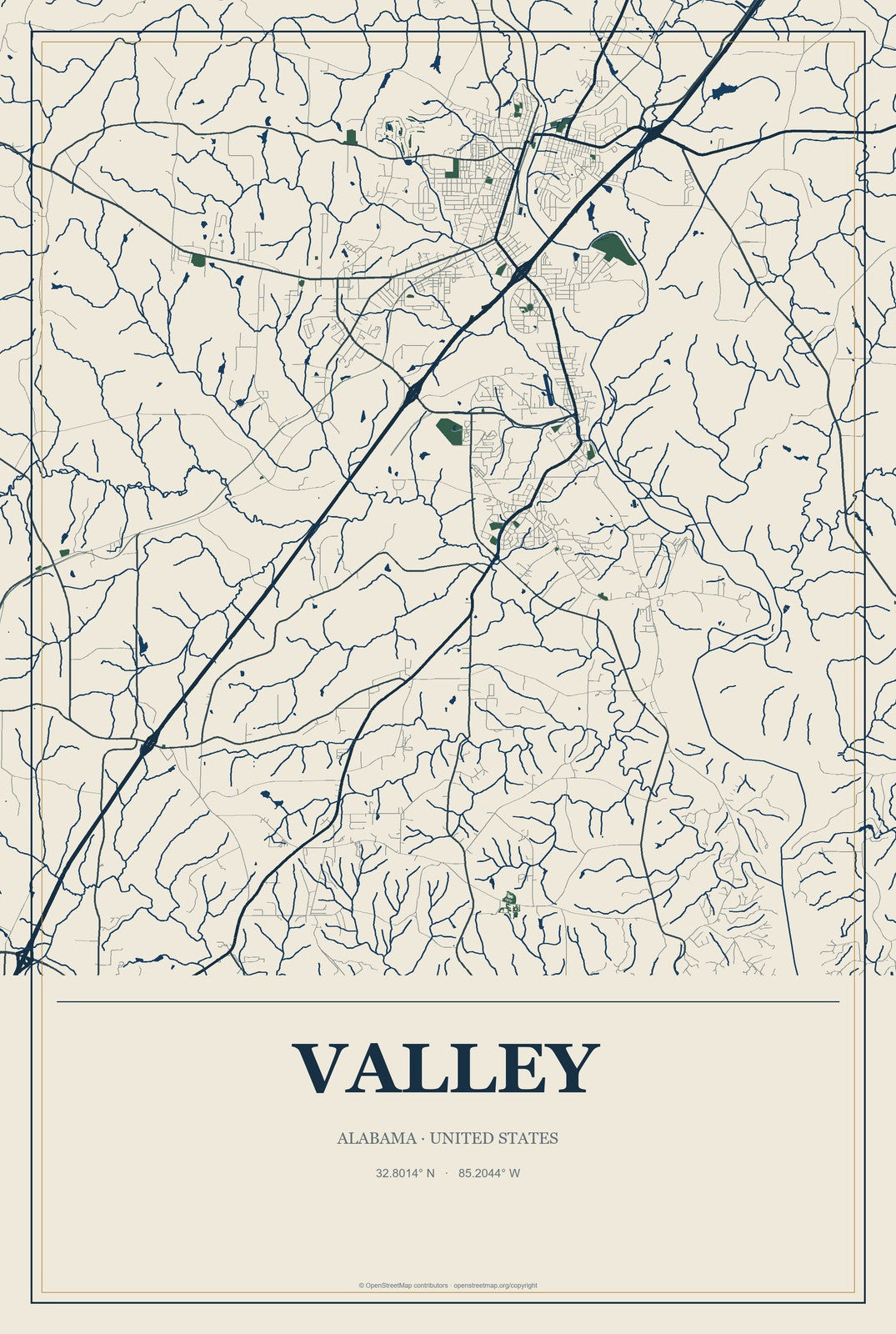 Valley, Alabama City Map Aluminum Sign in Coastal Cutout style