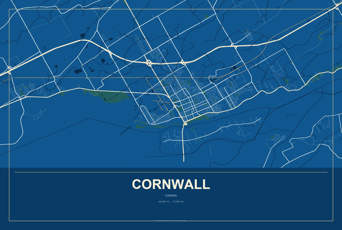 Cornwall, Canada City Map Aluminum Sign in Harbor Cobalt style