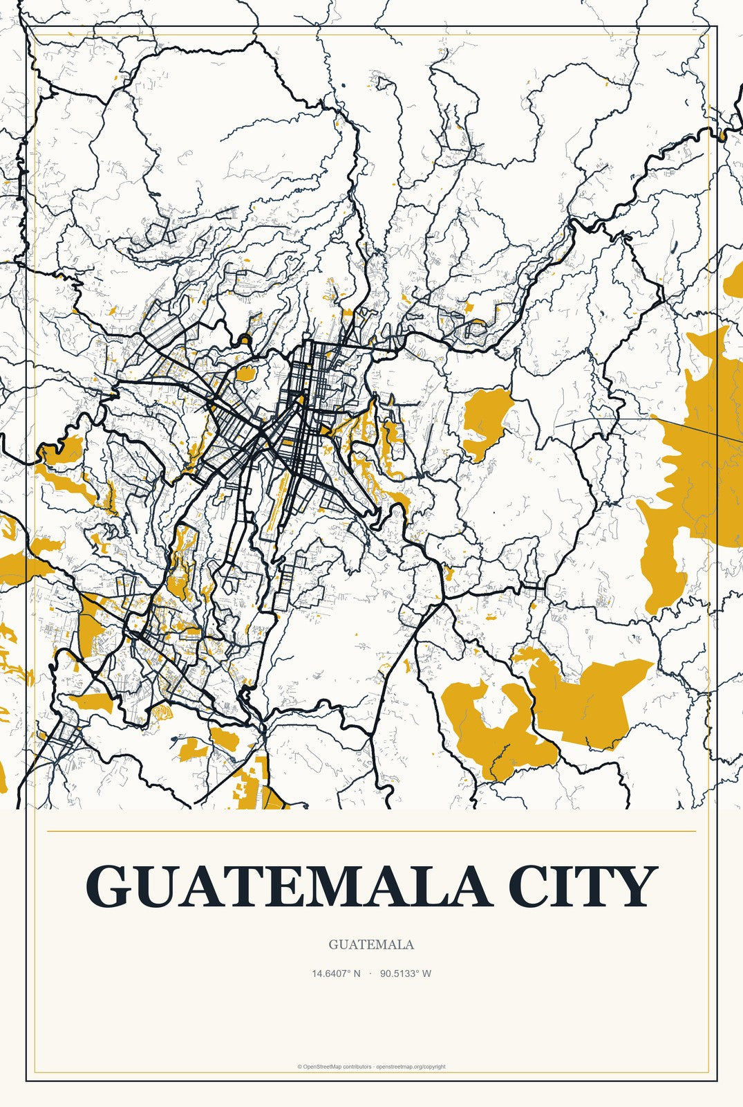 Guatemala City, Guatemala City Map Aluminum Sign in Citrine Modern style