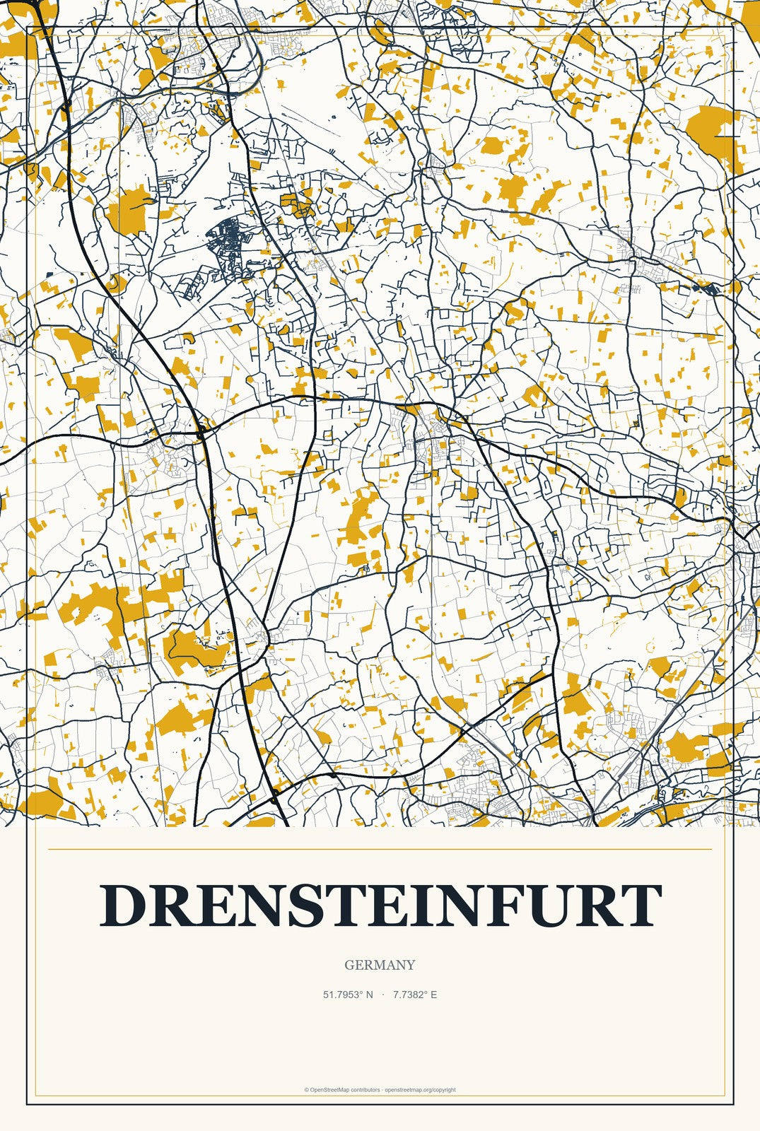Drensteinfurt, Germany City Map Aluminum Sign in Citrine Modern style