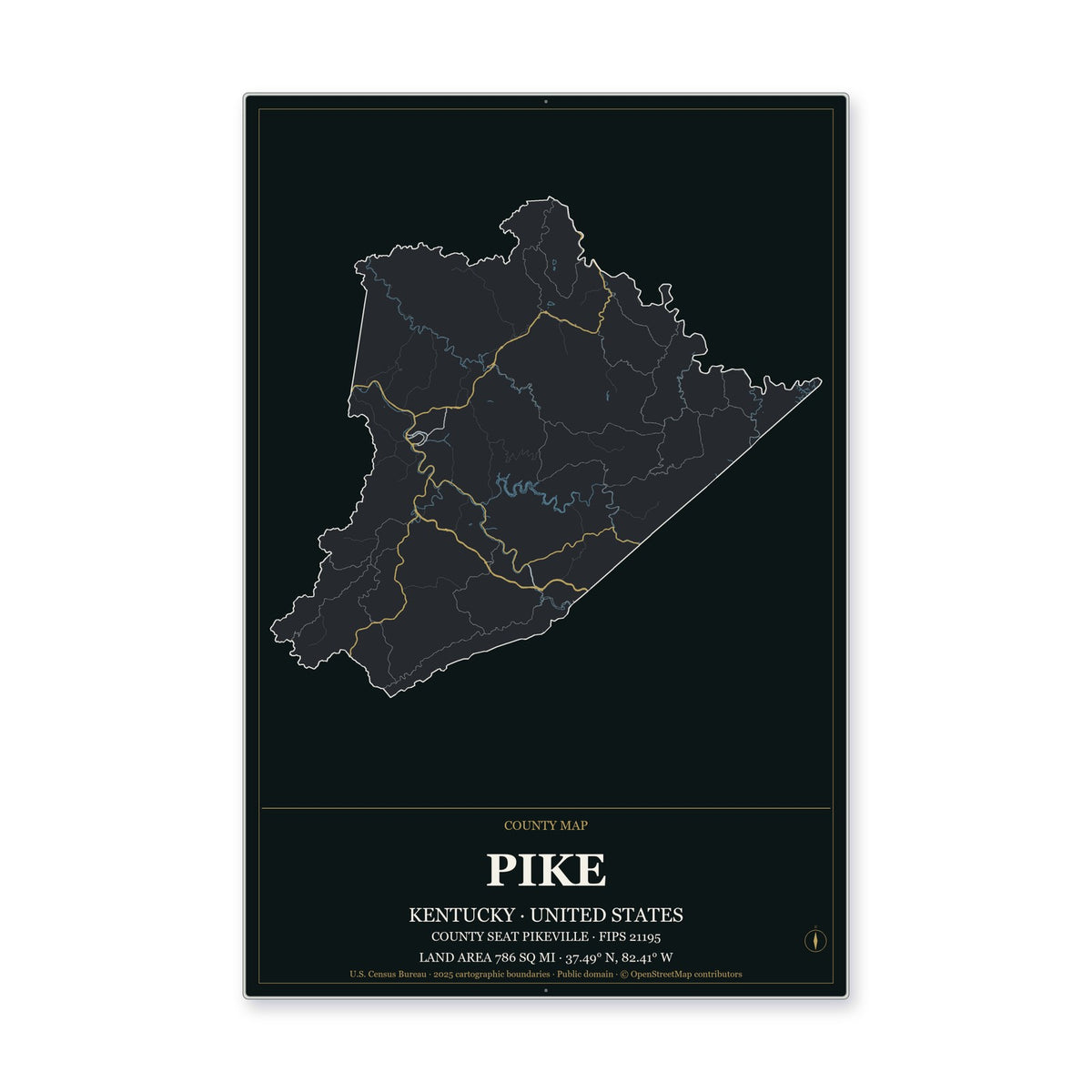 Pike County, Kentucky Map Aluminum Sign in Metropolitan Noir style