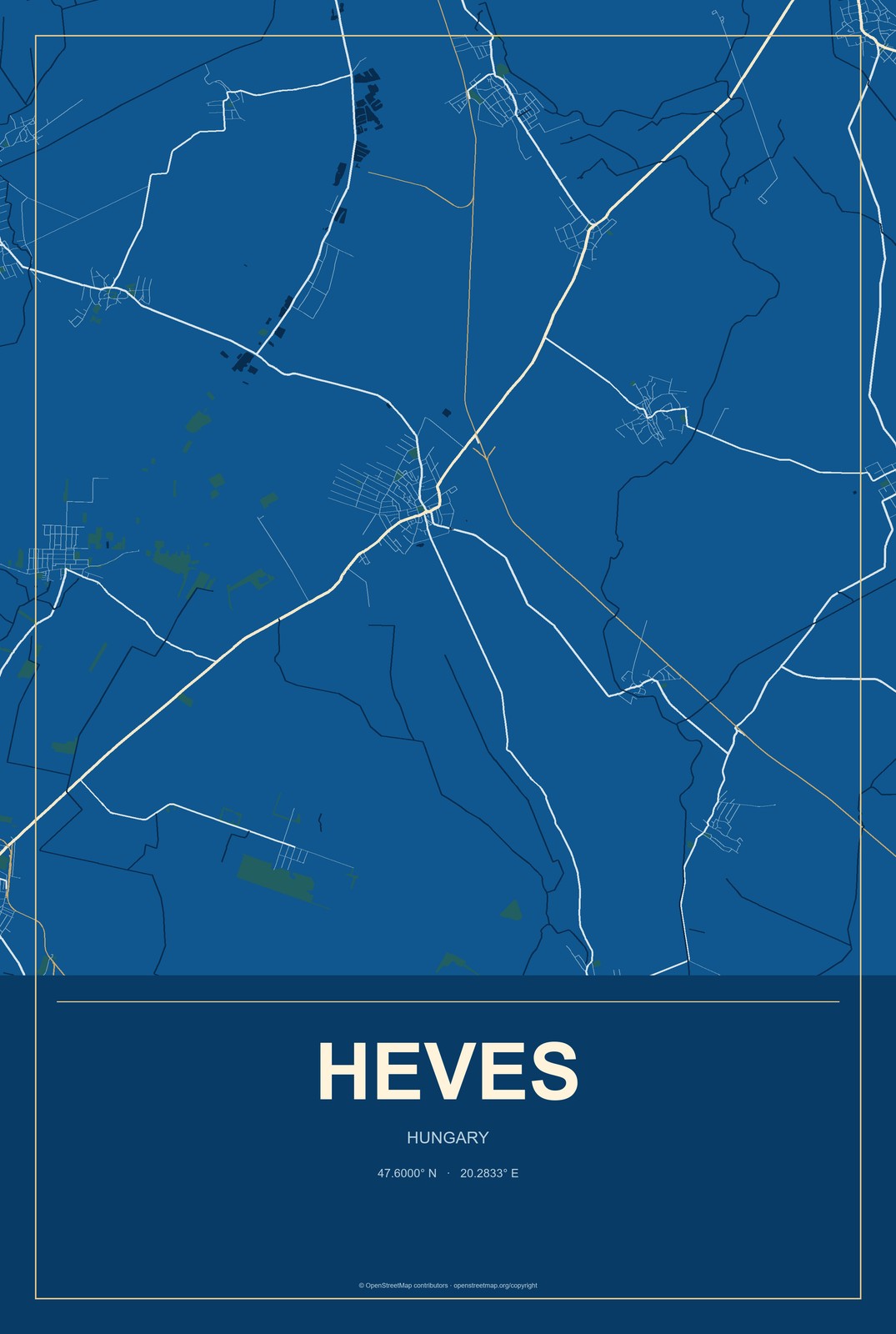 Heves, Hungary City Map Aluminum Sign in Harbor Cobalt style