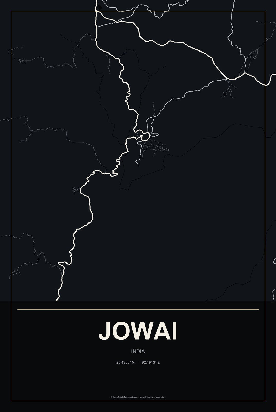 Jowai, India City Map Aluminum Sign in Metropolitan Noir style