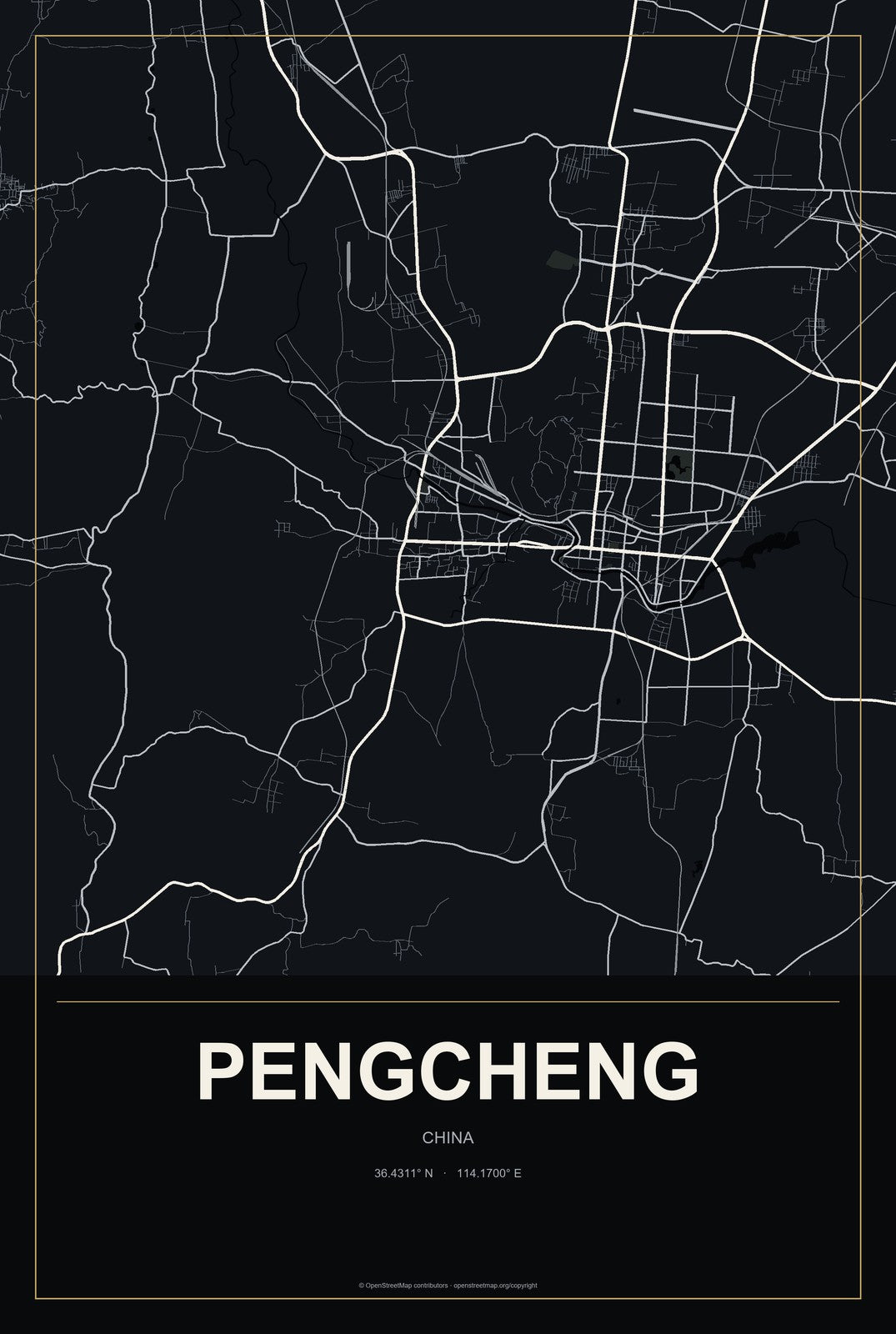Pengcheng, China City Map Aluminum Sign in Metropolitan Noir style