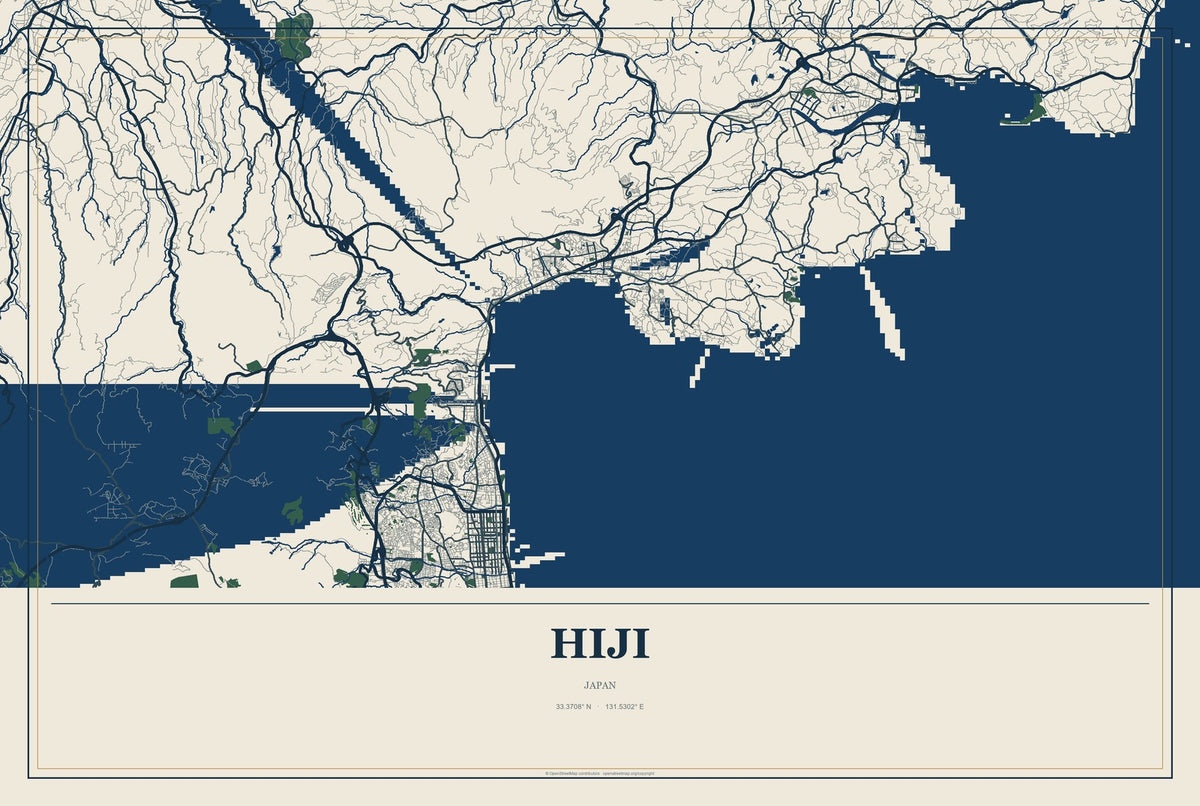 Hiji, Japan City Map Aluminum Sign in Coastal Cutout style