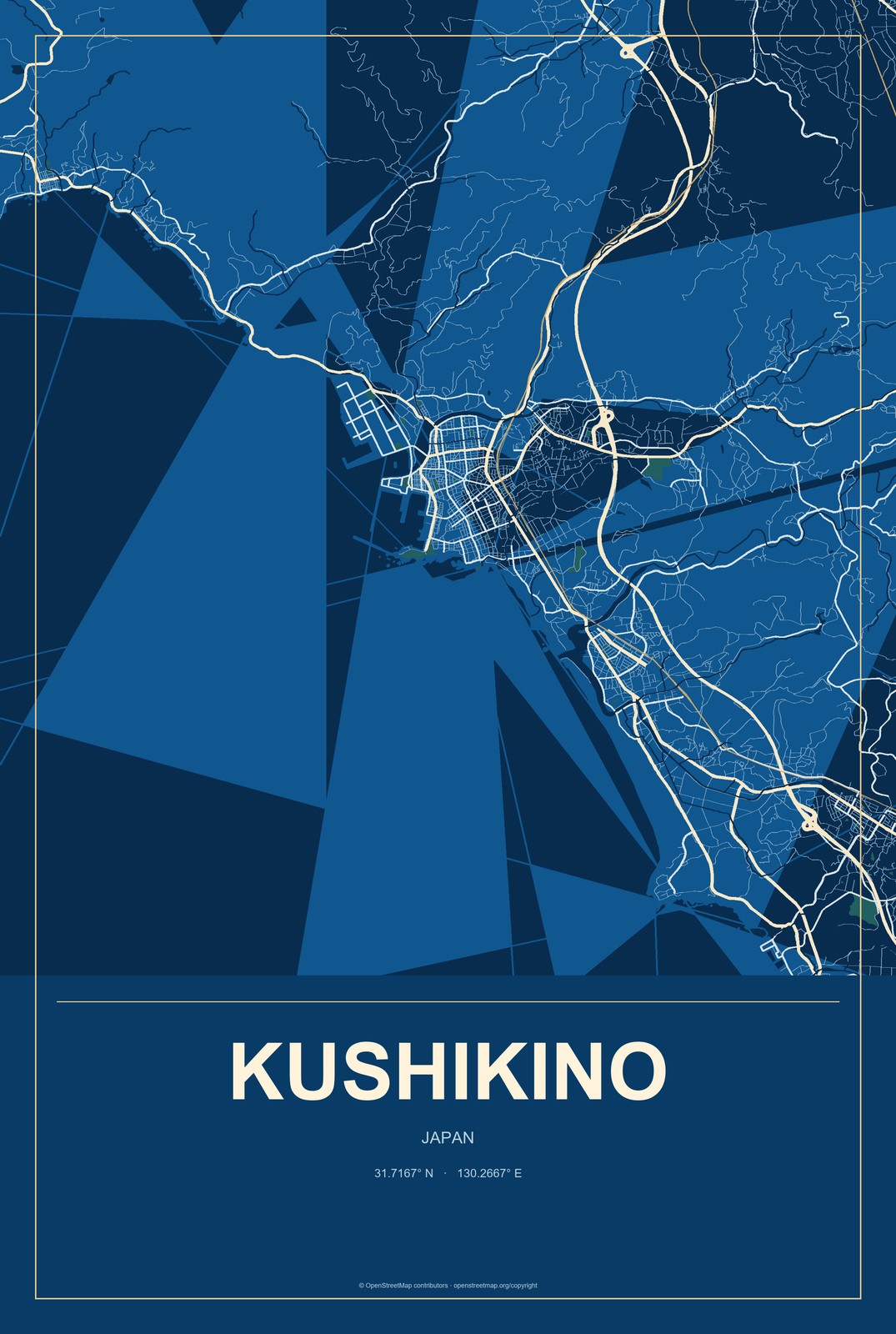 Kushikino, Japan City Map Aluminum Sign in Harbor Cobalt style