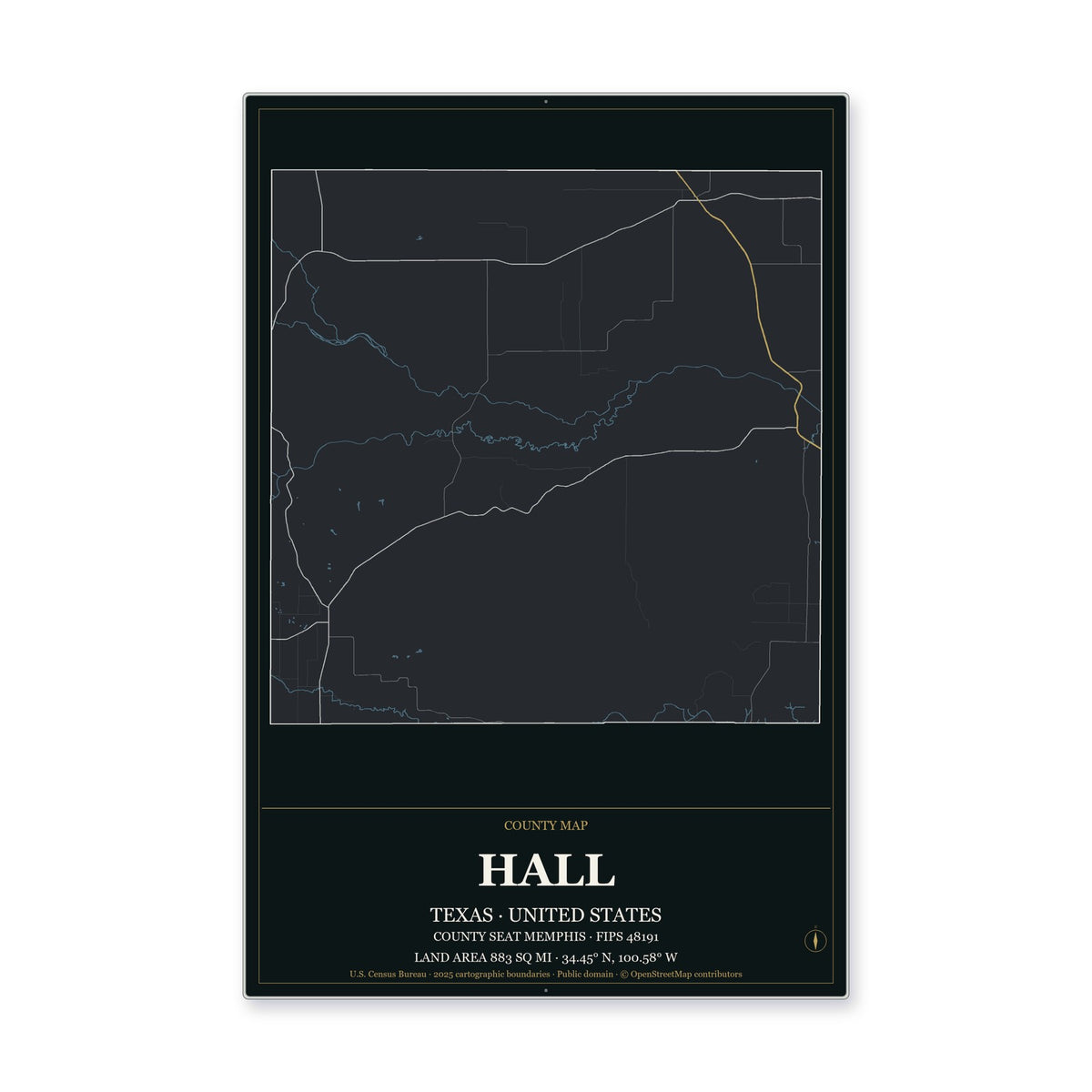 Hall County, Texas Map Aluminum Sign in Metropolitan Noir style