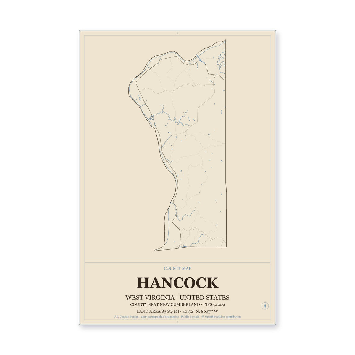Hancock County, West Virginia Map Aluminum Sign in Heritage Nautical style