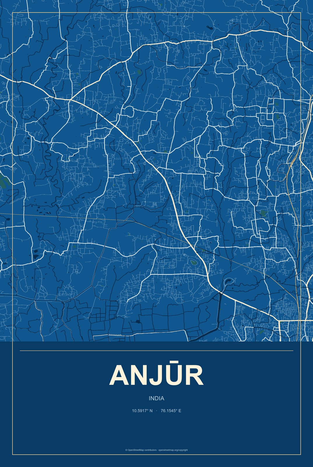 Anjūr, India City Map Aluminum Sign in Harbor Cobalt style