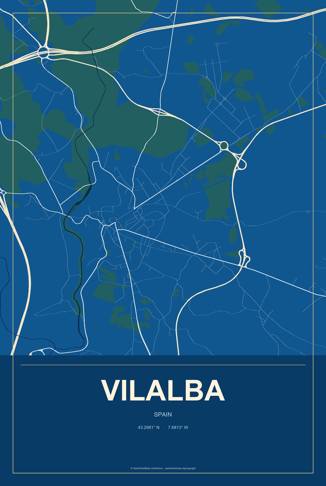 Vilalba, Spain City Map Aluminum Sign in Harbor Cobalt style