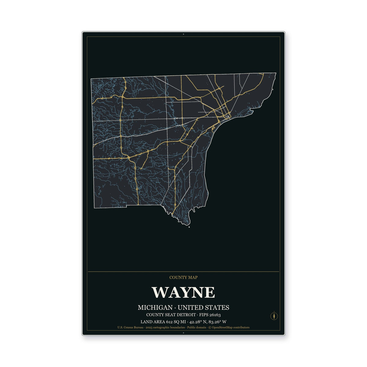 Wayne County, Michigan Map Aluminum Sign in Metropolitan Noir style
