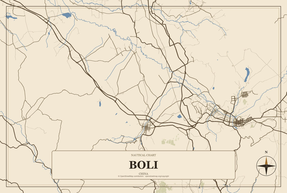 Boli, China City Map Aluminum Sign in Heritage Nautical style