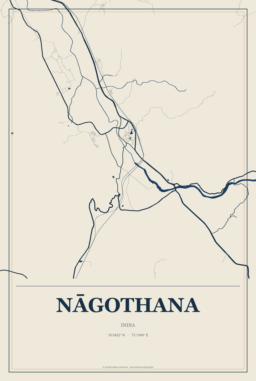 Nāgothana, India City Map Aluminum Sign in Coastal Cutout style