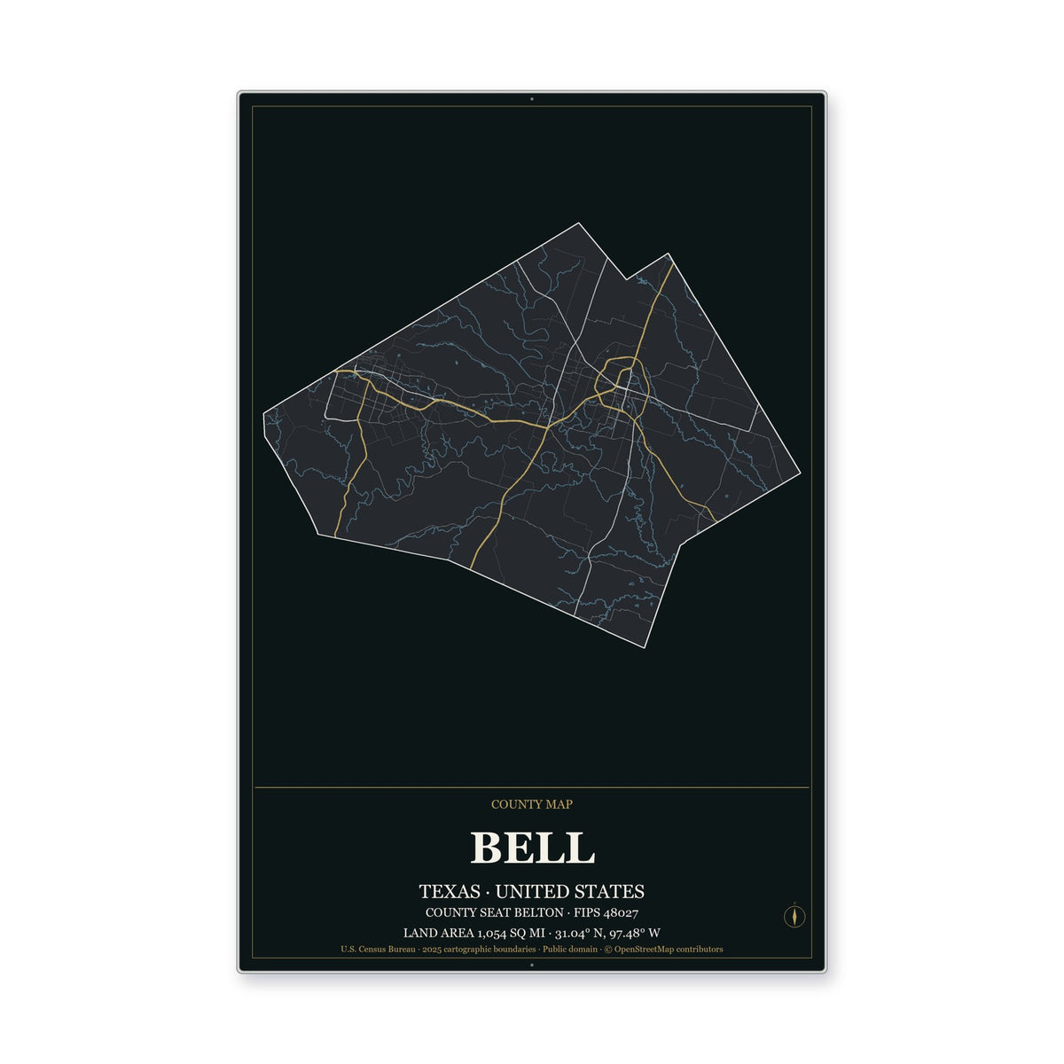 Bell County, Texas Map Aluminum Sign in Metropolitan Noir style