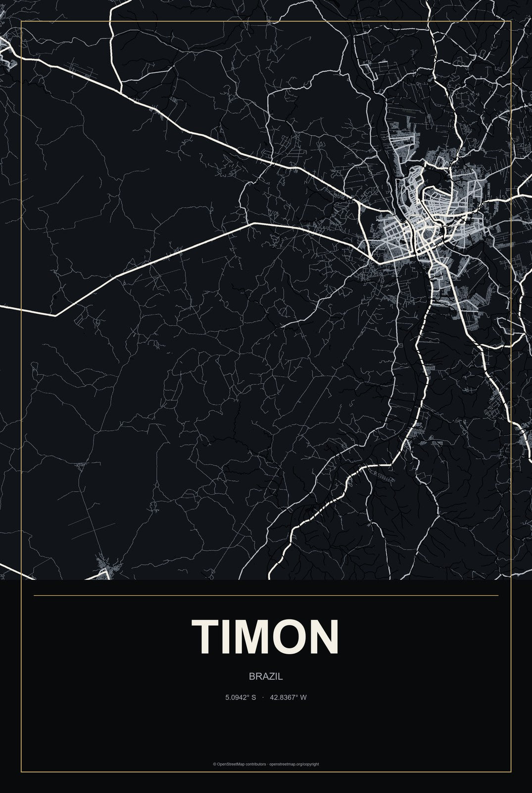 Timon, Brazil City Map Aluminum Sign in Metropolitan Noir style