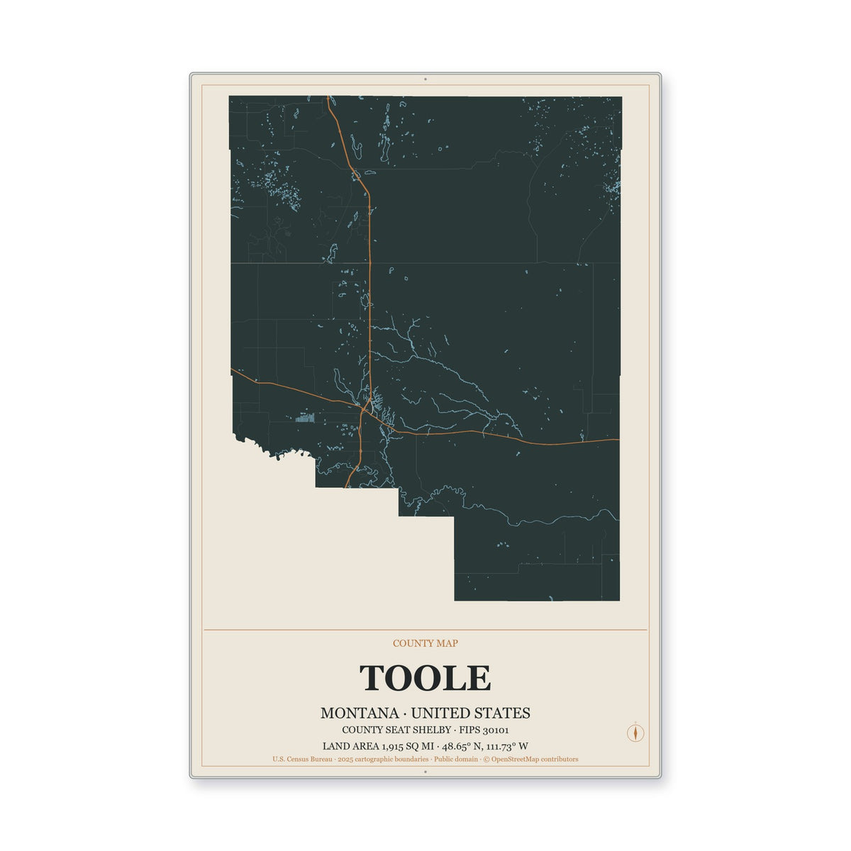 Toole County, Montana Map Aluminum Sign in Headline Atlas style