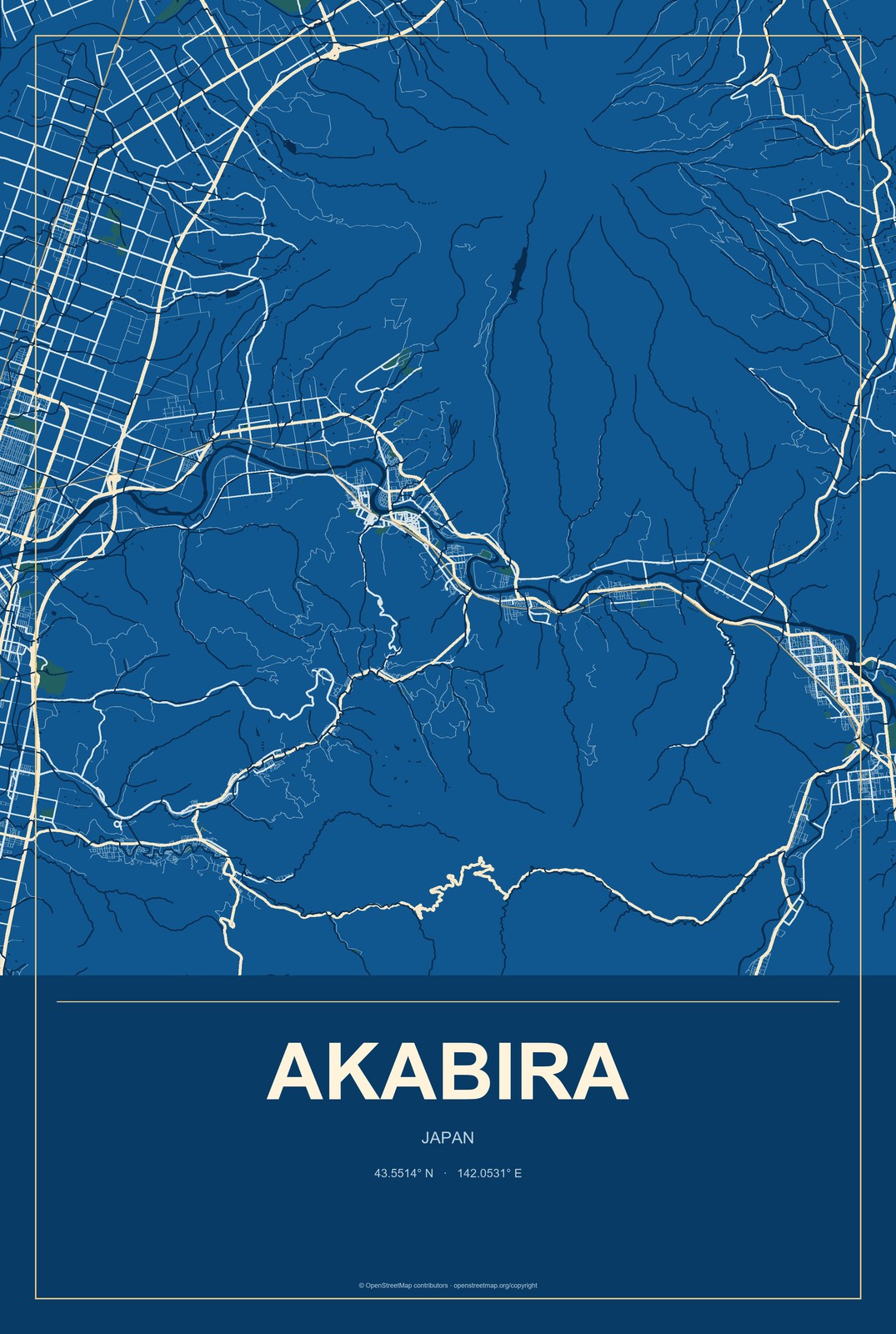 Akabira, Japan City Map Aluminum Sign in Harbor Cobalt style