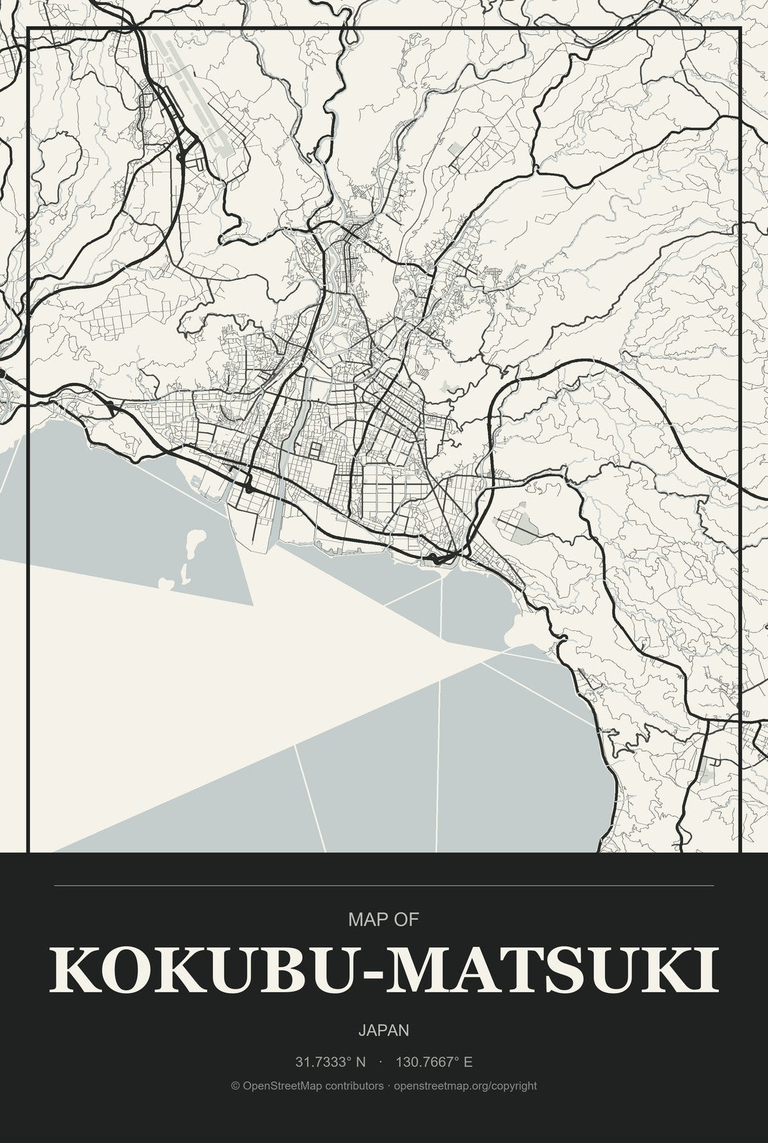Kokubu-matsuki, Japan City Map Aluminum Sign in Museum Plaque style