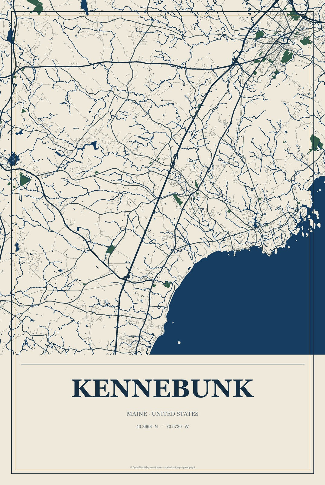 Kennebunk, Maine City Map Aluminum Sign in Coastal Cutout style