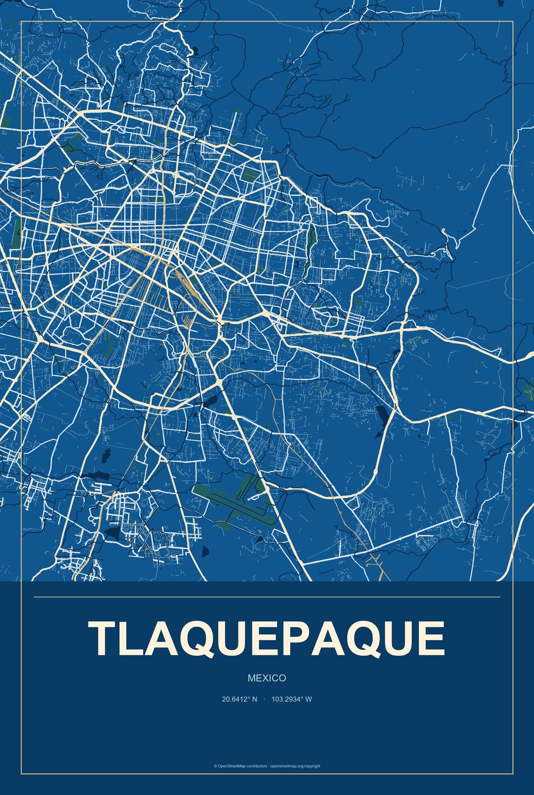 Tlaquepaque, Mexico City Map Aluminum Sign in Harbor Cobalt style