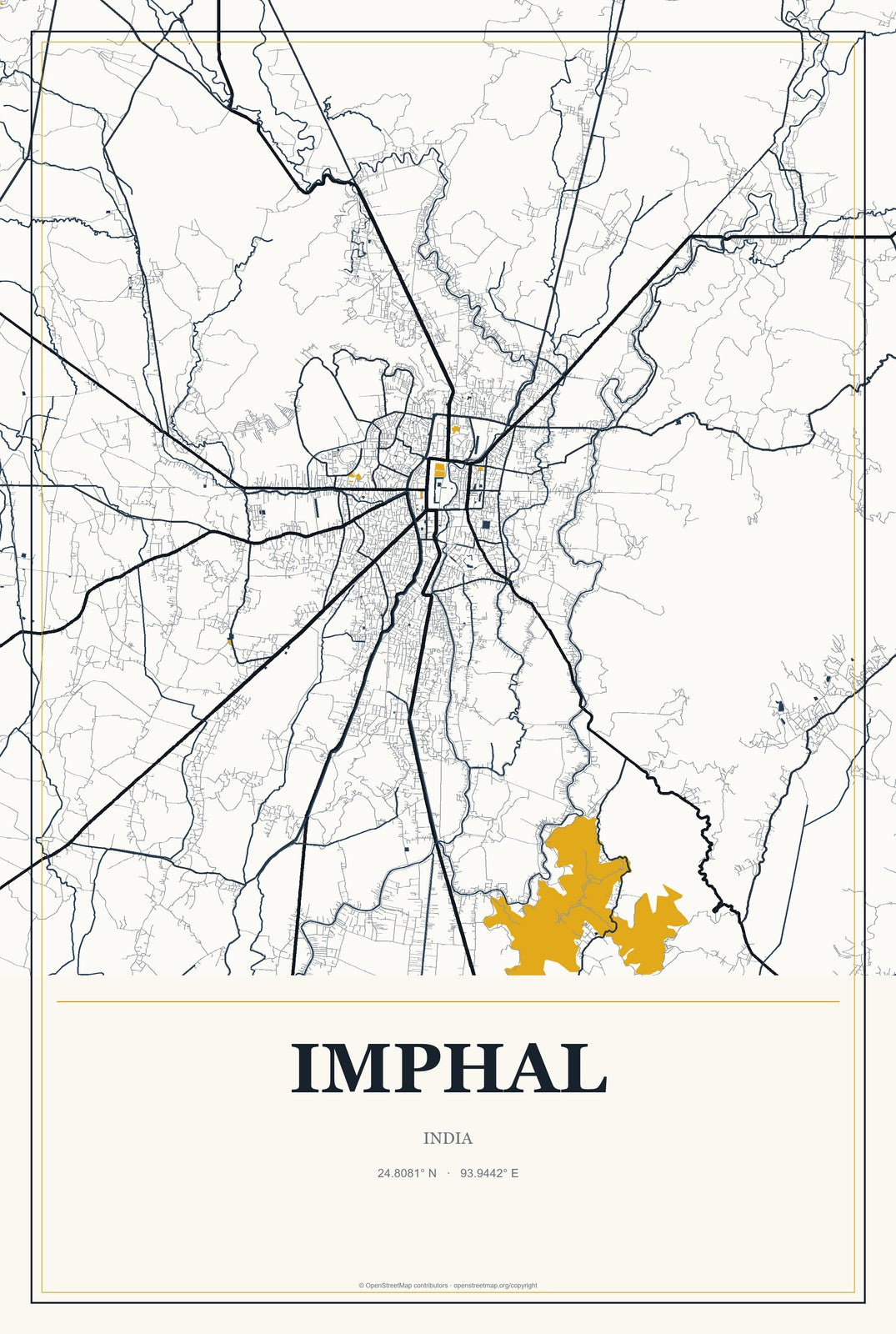 Imphal, India City Map Aluminum Sign in Citrine Modern style