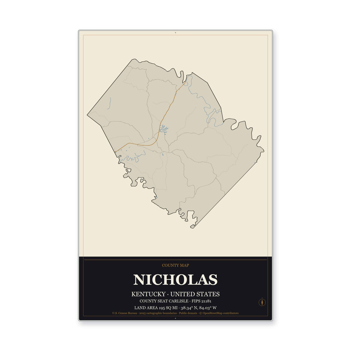 Nicholas County, Kentucky Map Aluminum Sign in Museum Plaque style
