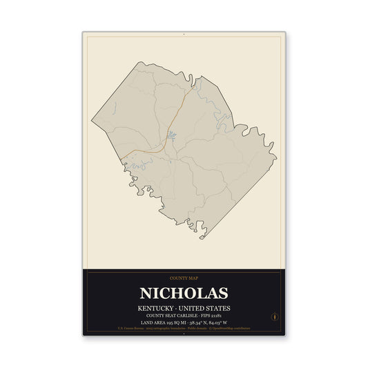 Nicholas County, Kentucky Map Aluminum Sign in Museum Plaque style