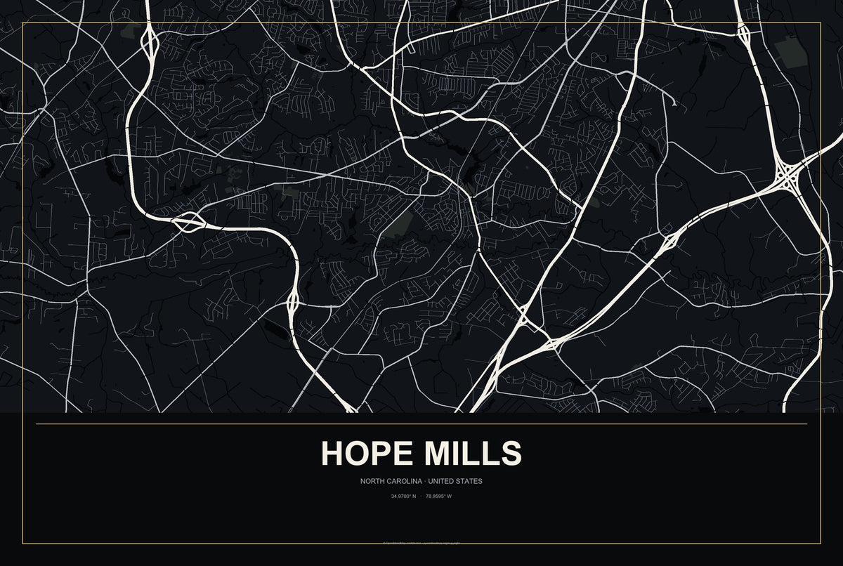 Hope Mills, North Carolina City Map Aluminum Sign in Metropolitan Noir style