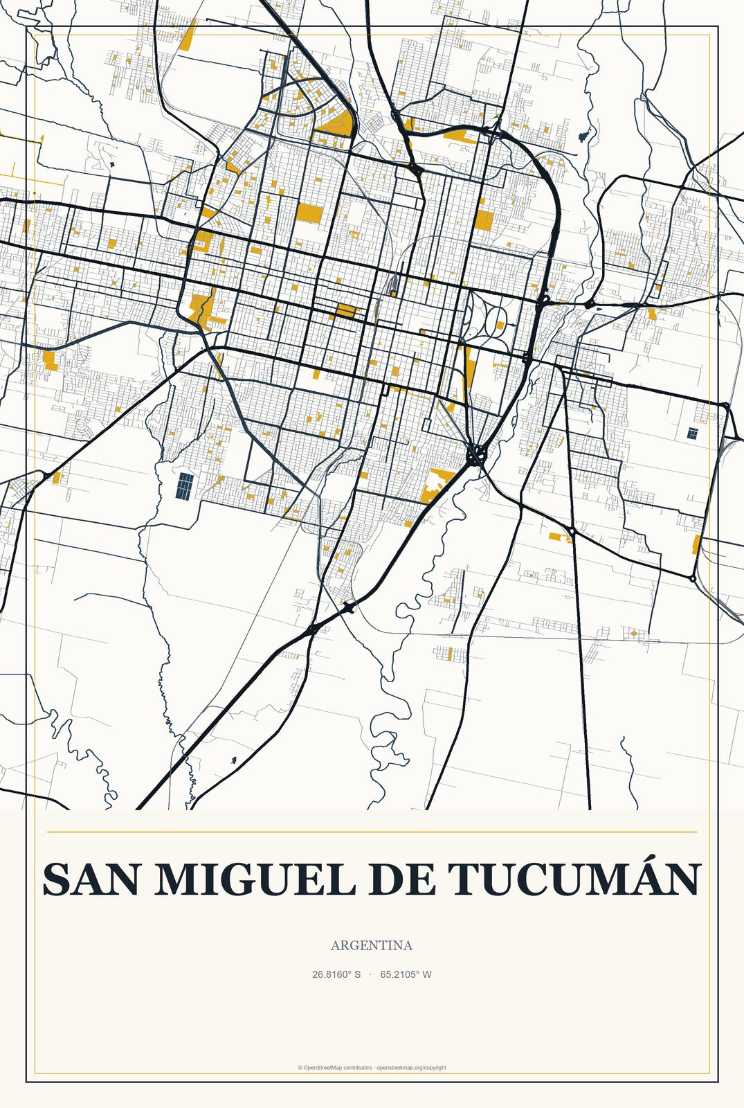 San Miguel de Tucumán, Argentina City Map Aluminum Sign in Citrine Modern style