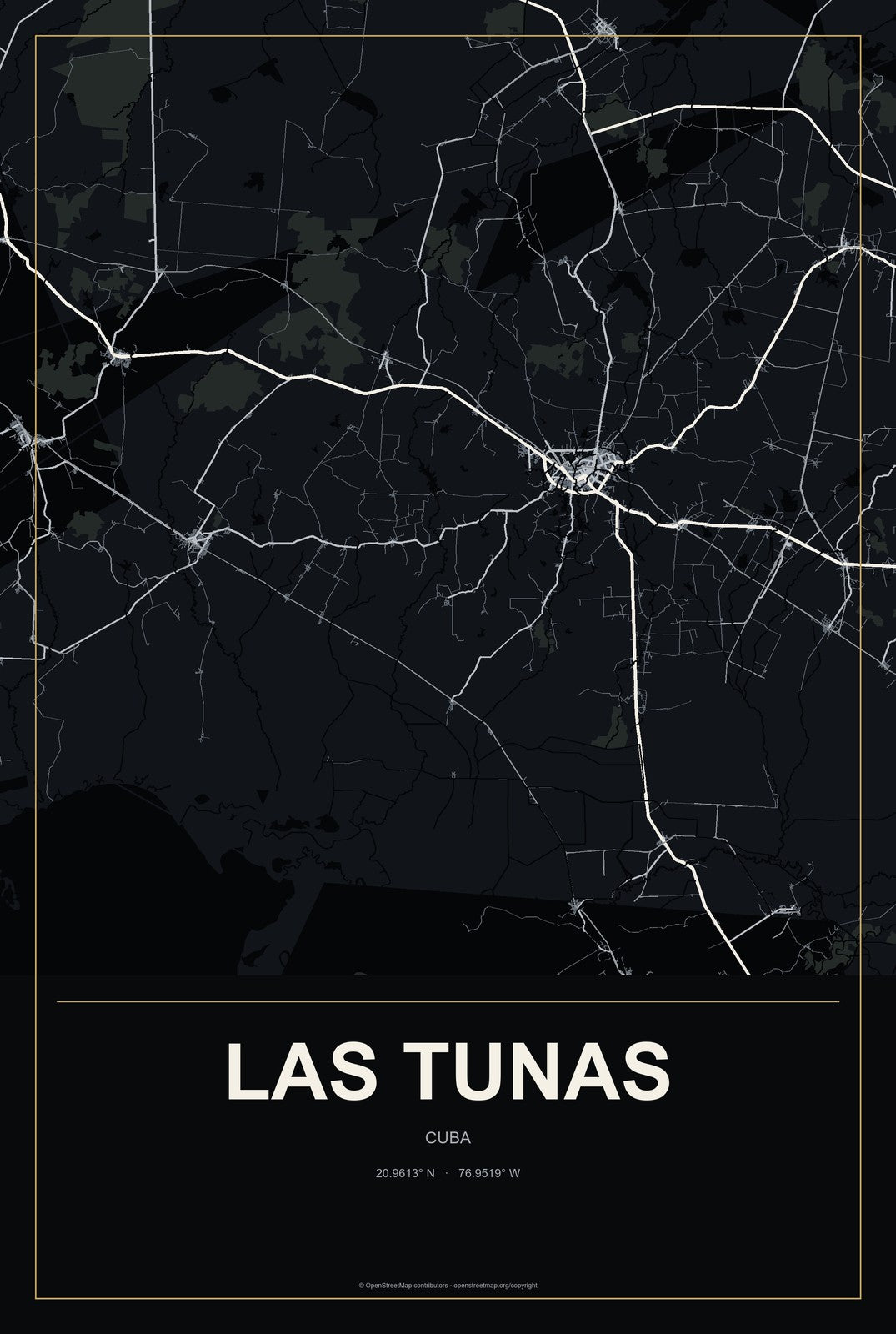 Las Tunas, Cuba City Map Aluminum Sign in Metropolitan Noir style