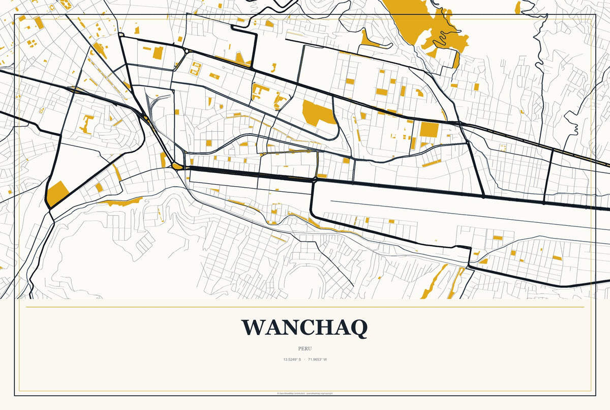 Wanchaq, Peru City Map Aluminum Sign in Citrine Modern style