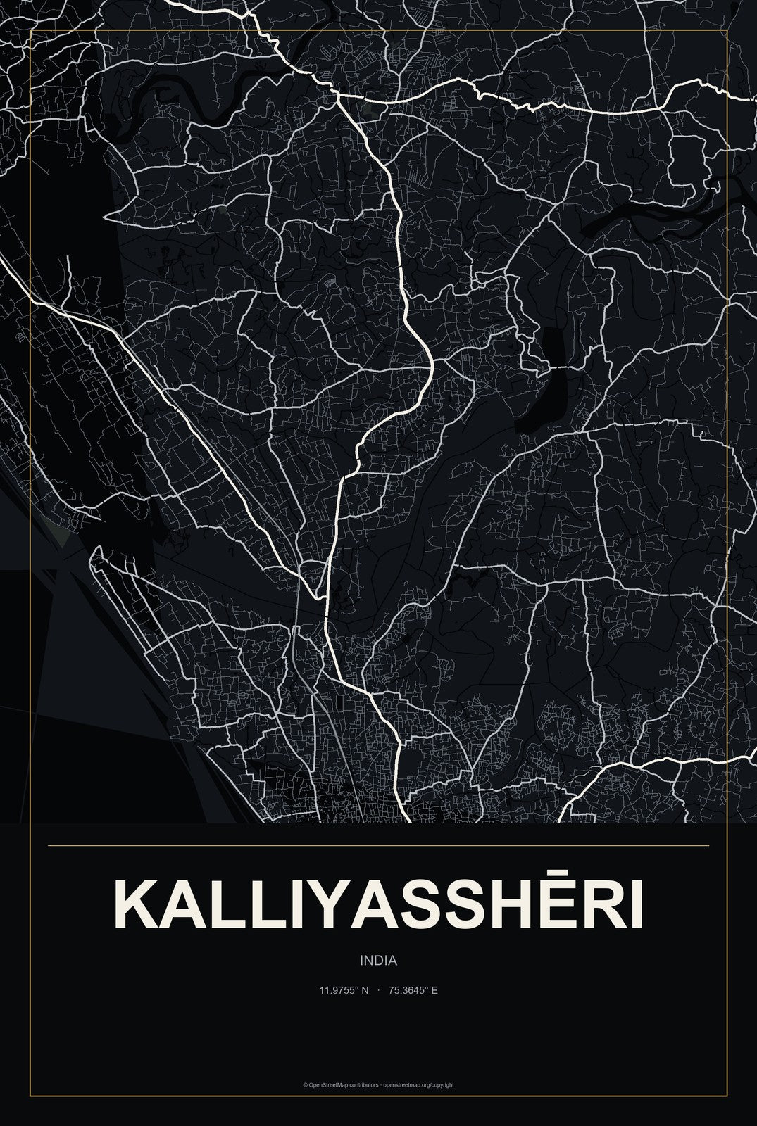 Kalliyasshēri, India City Map Aluminum Sign in Metropolitan Noir style