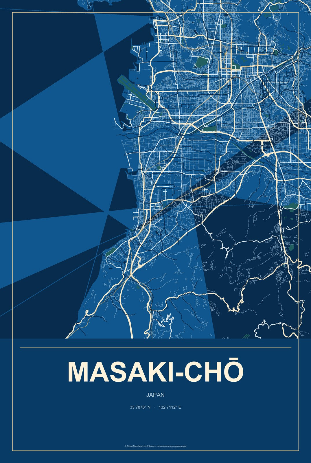Masaki-chō, Japan City Map Aluminum Sign in Harbor Cobalt style