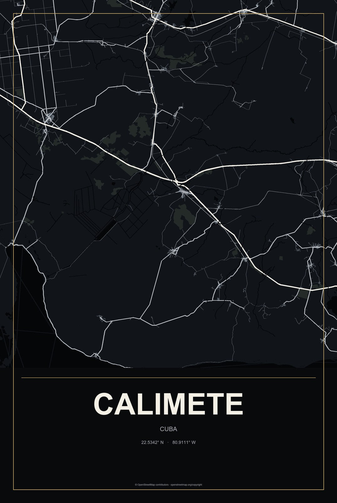 Calimete, Cuba City Map Aluminum Sign in Metropolitan Noir style