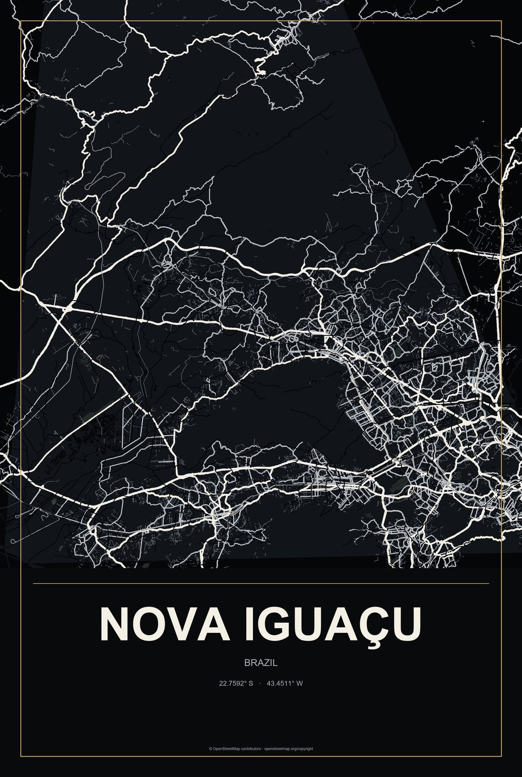 Nova Iguaçu, Brazil City Map Aluminum Sign in Metropolitan Noir style