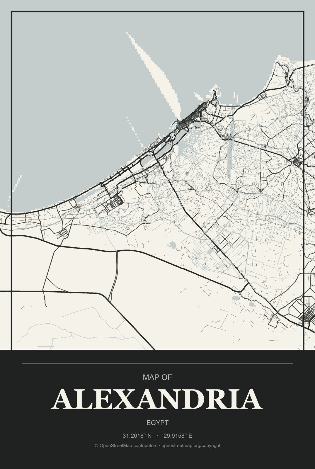 Alexandria, Egypt City Map Aluminum Sign in Museum Plaque style