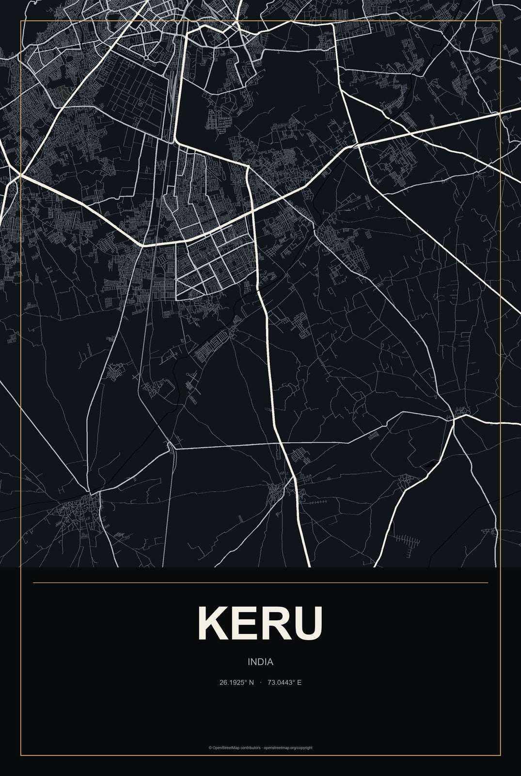 Keru, India City Map Aluminum Sign in Metropolitan Noir style