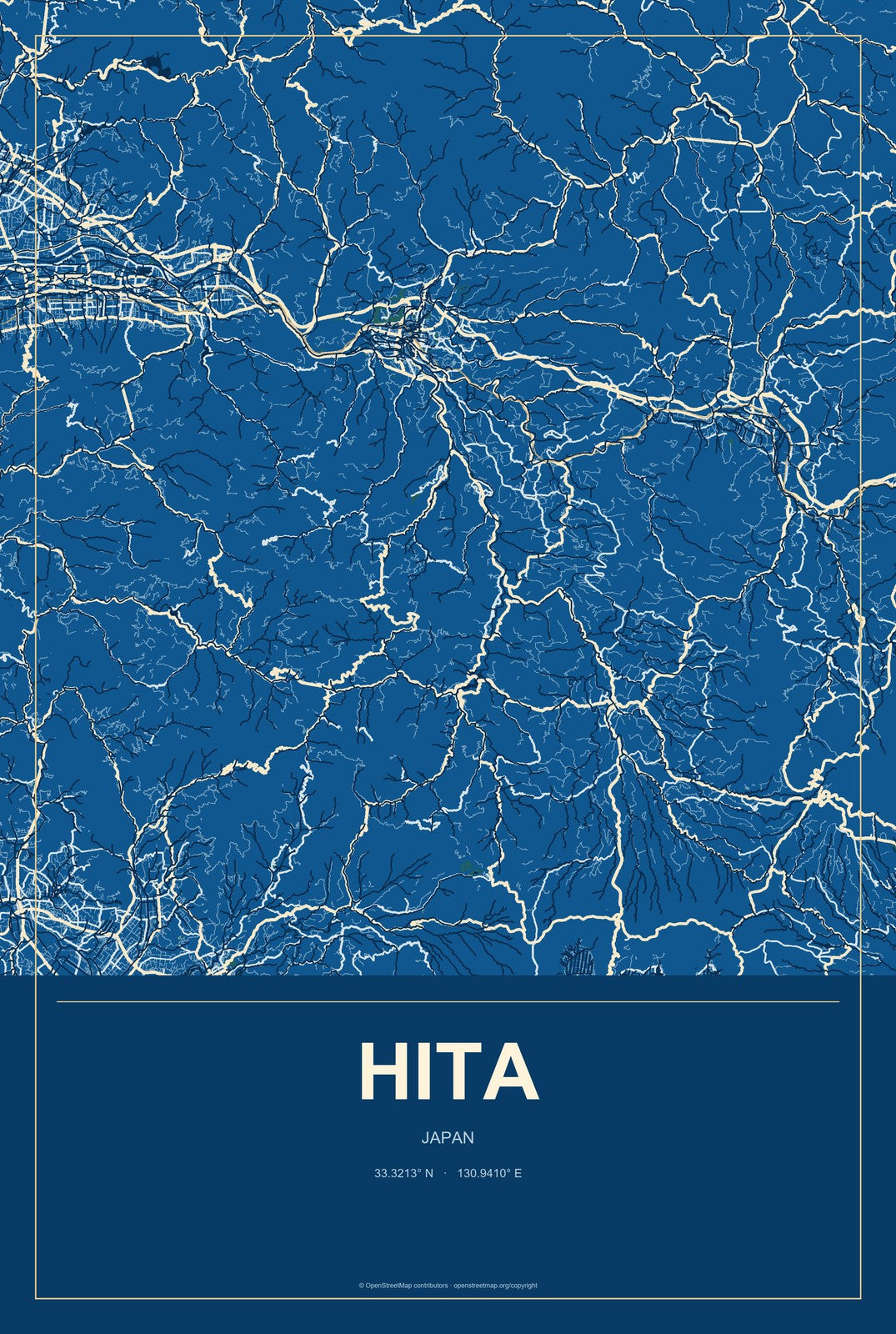 Hita, Japan City Map Aluminum Sign in Harbor Cobalt style