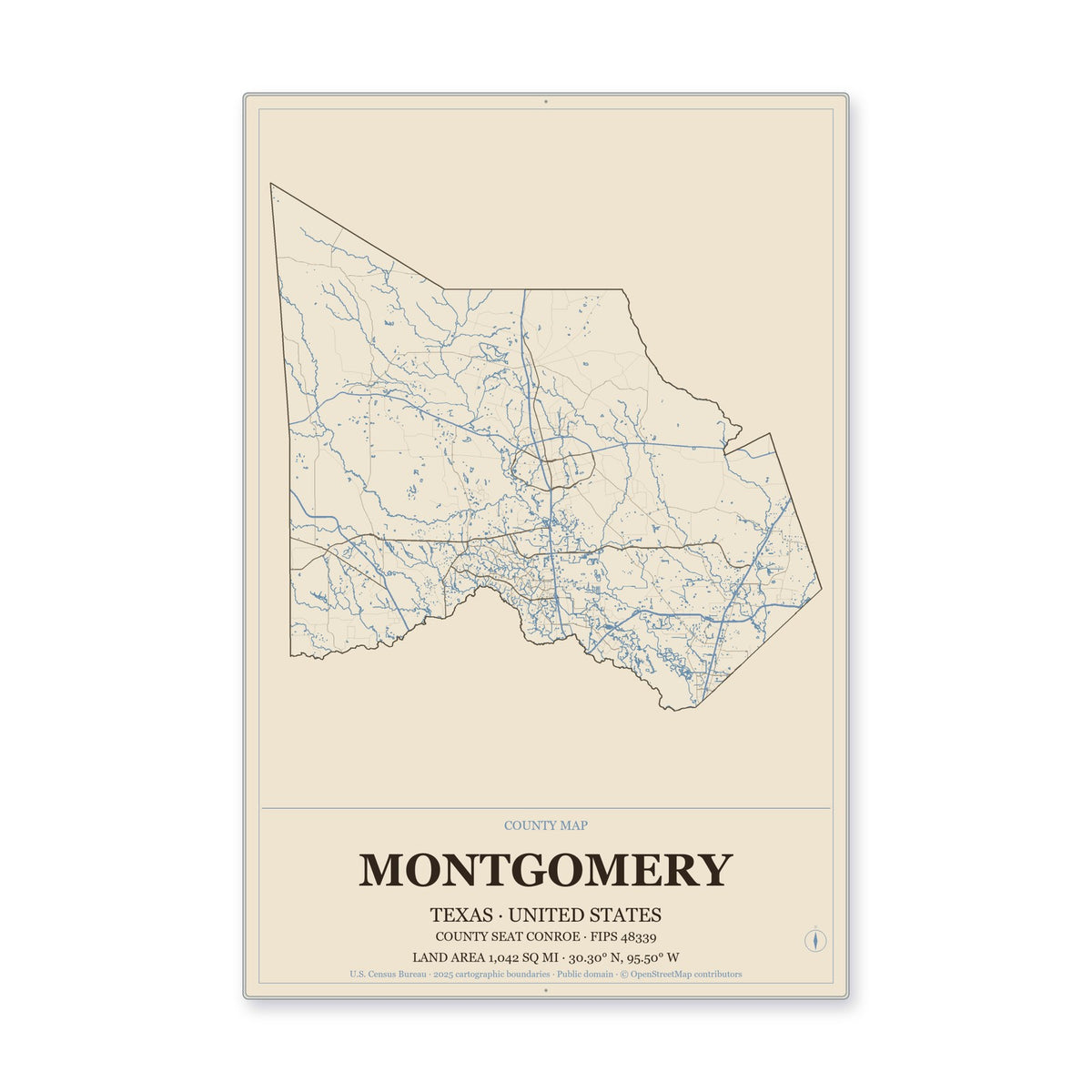 Montgomery County, Texas Map Aluminum Sign in Heritage Nautical style