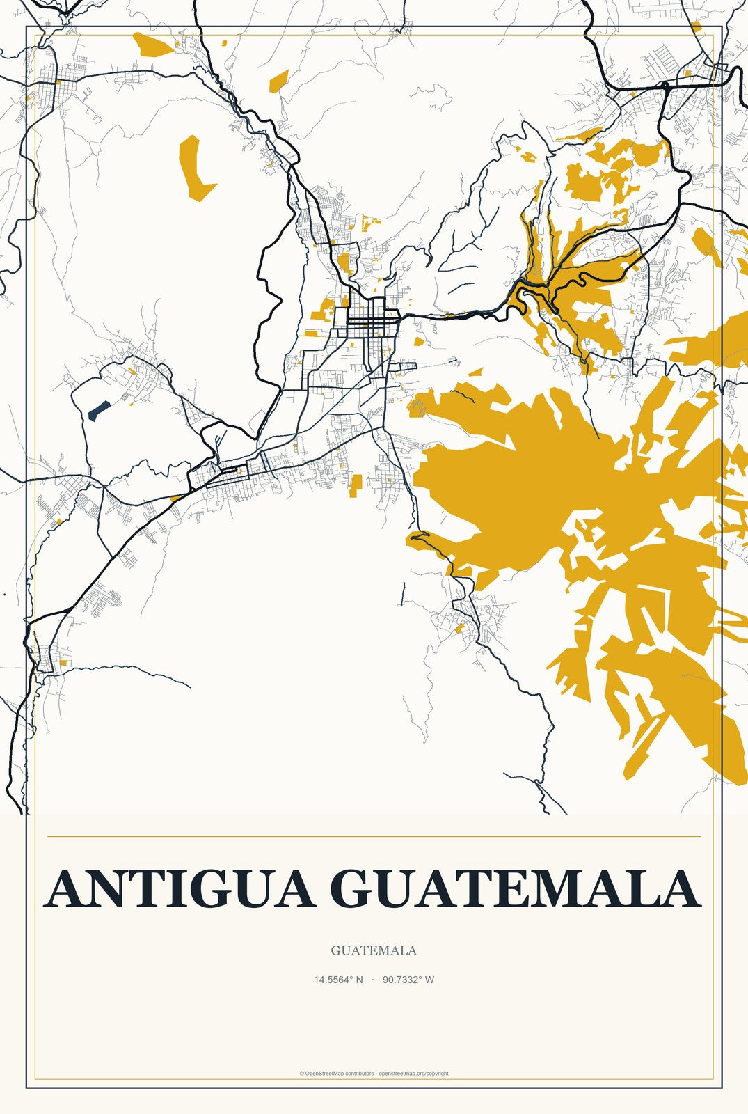 Antigua Guatemala, Guatemala City Map Aluminum Sign in Citrine Modern style