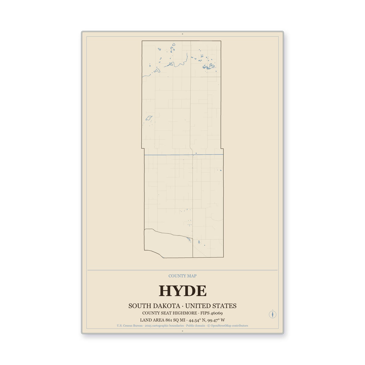 Hyde County, South Dakota Map Aluminum Sign in Heritage Nautical style