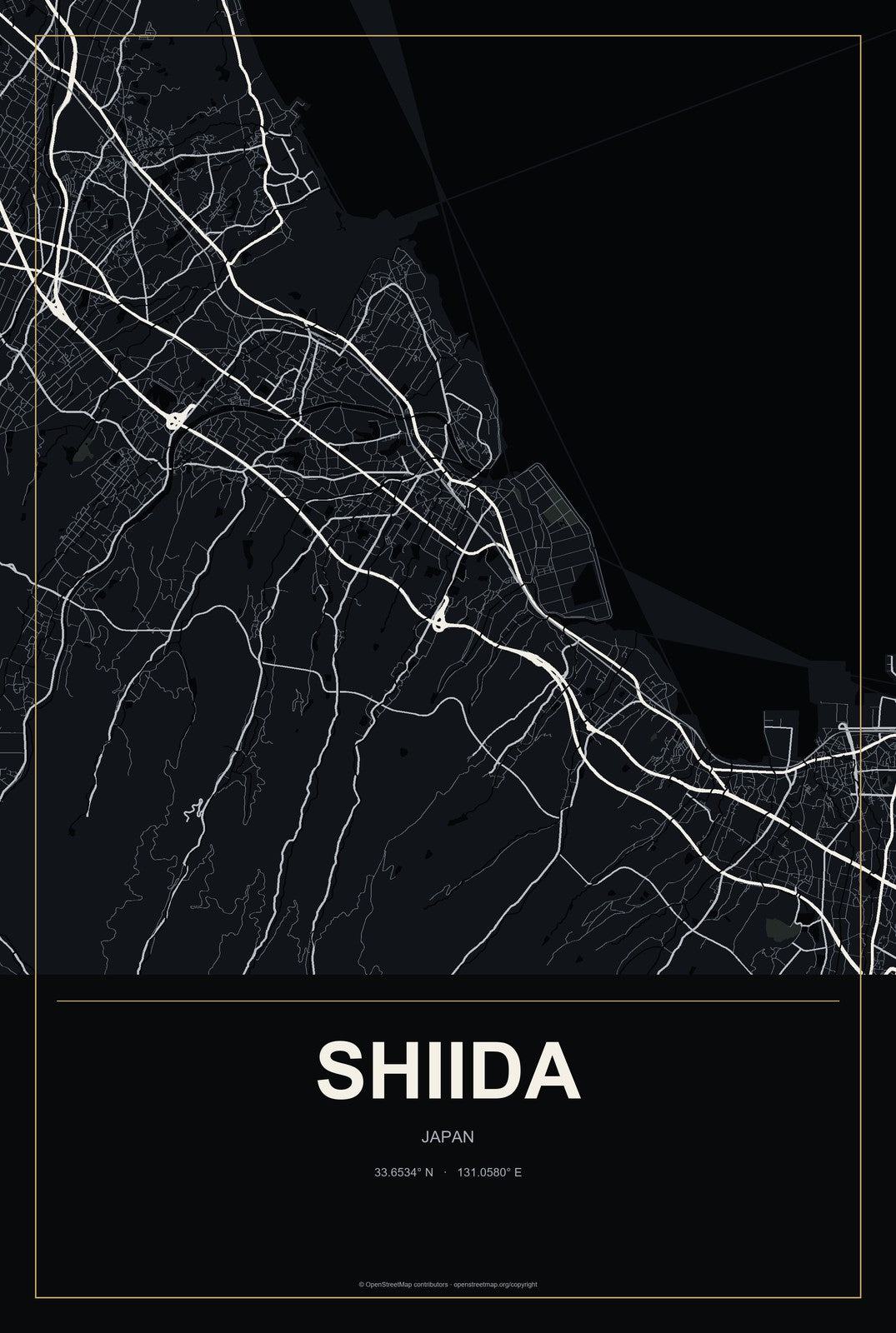 Shiida, Japan City Map Aluminum Sign in Metropolitan Noir style
