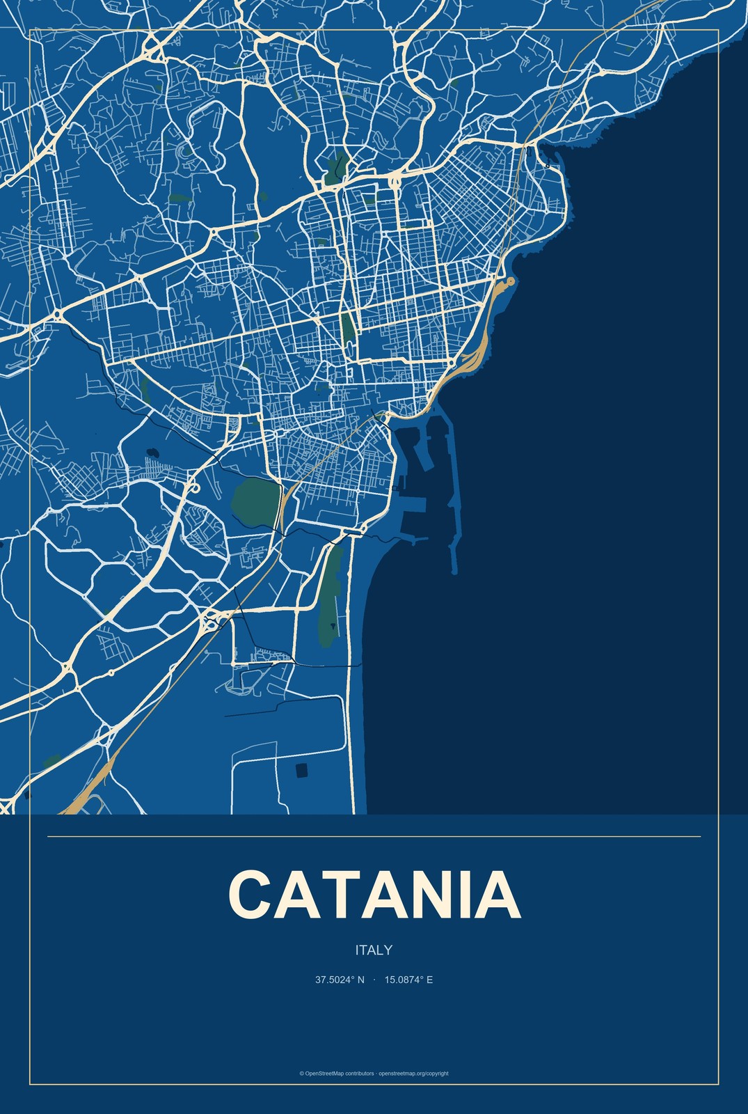Catania, Italy City Map Aluminum Sign in Harbor Cobalt style