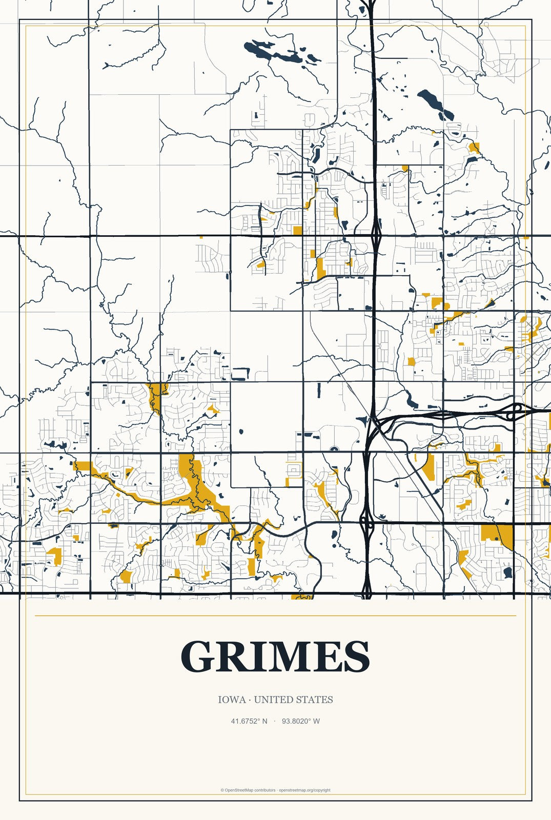 Grimes, Iowa City Map Aluminum Sign in Citrine Modern style