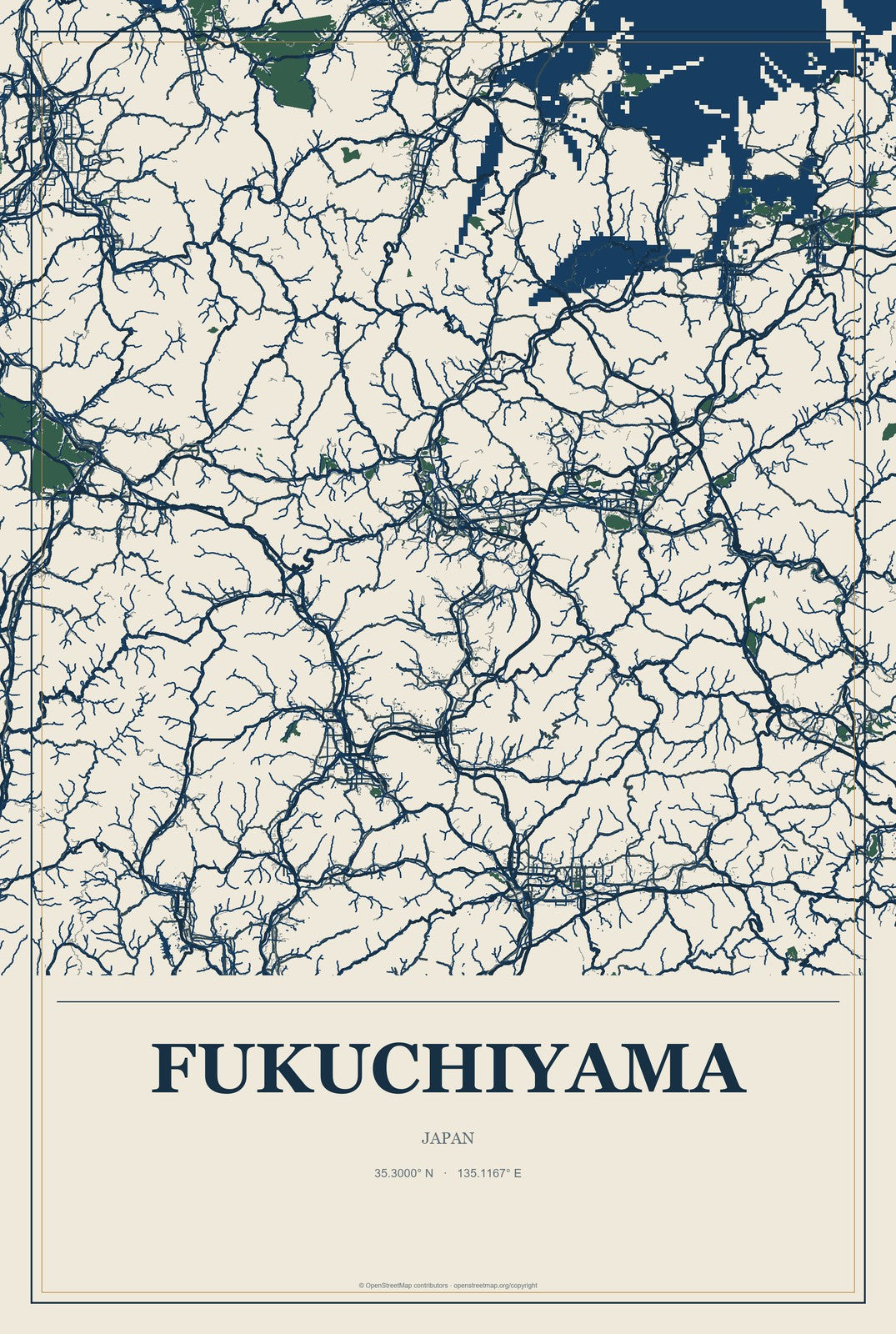 Fukuchiyama, Japan City Map Aluminum Sign in Coastal Cutout style