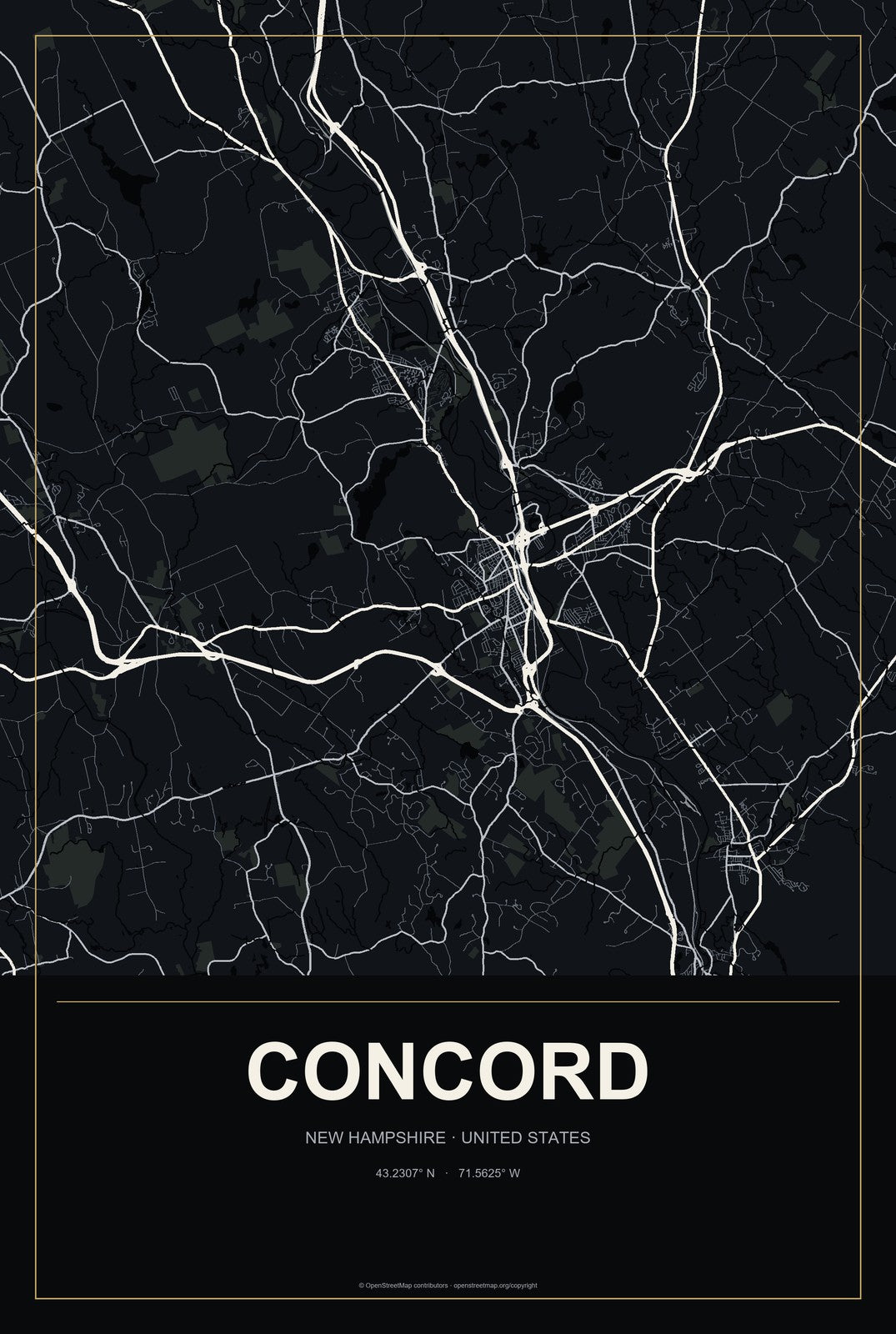 Concord, New Hampshire City Map Aluminum Sign in Metropolitan Noir style