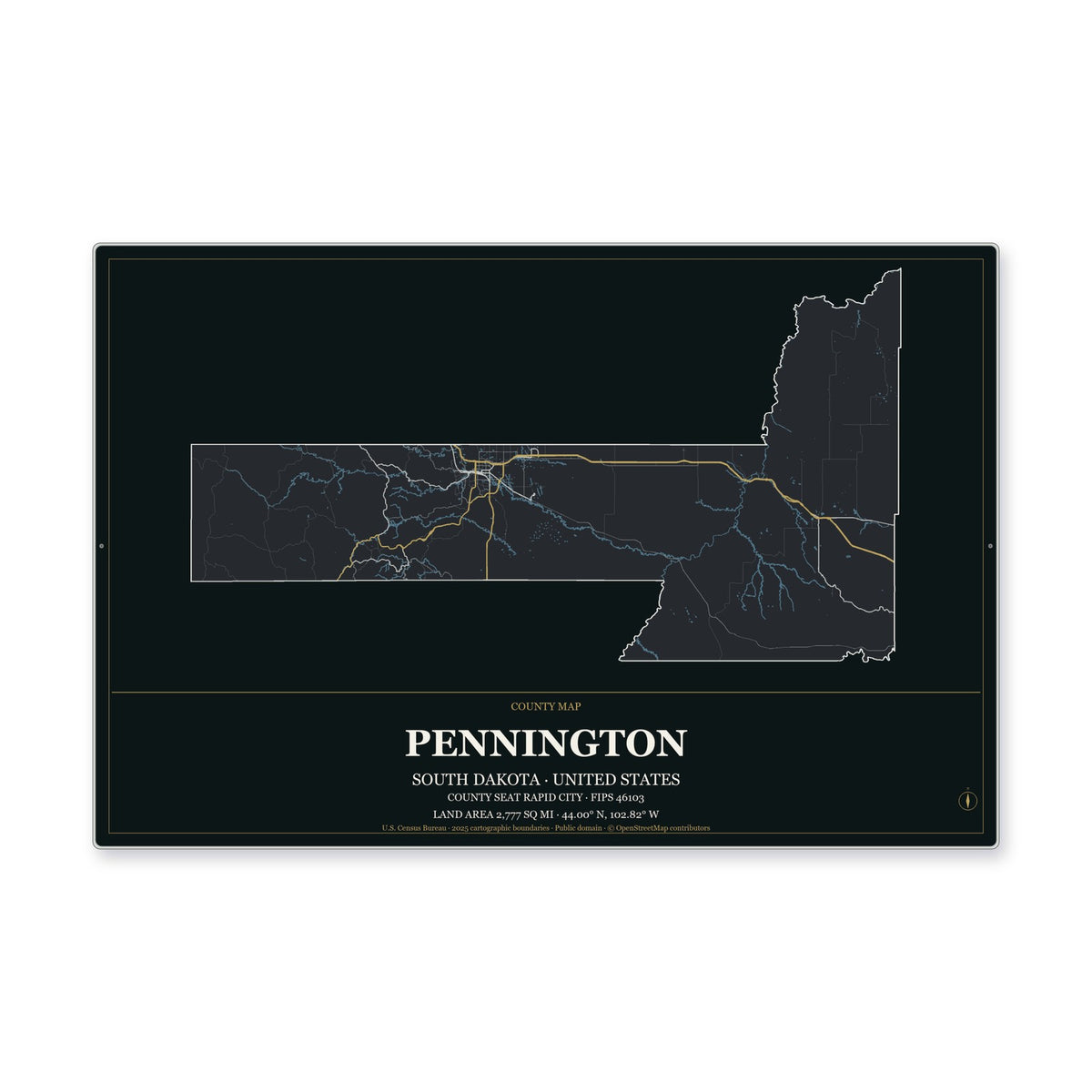 Pennington County, South Dakota Map Aluminum Sign in Metropolitan Noir style