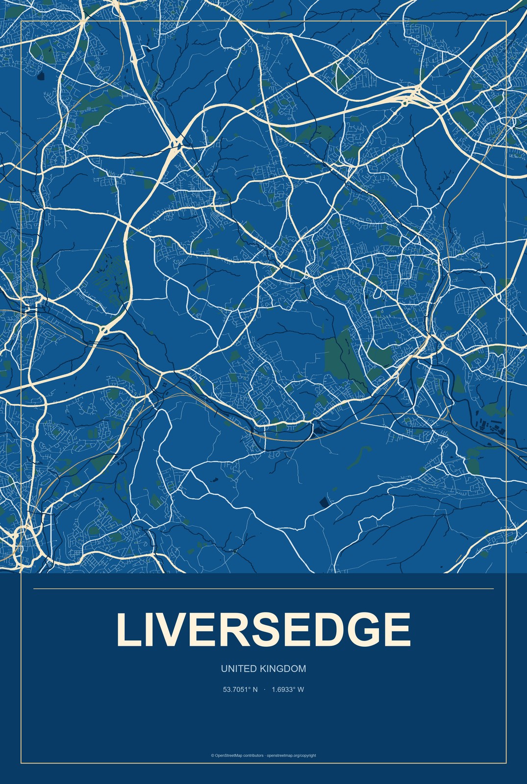 Liversedge, United Kingdom City Map Aluminum Sign in Harbor Cobalt style
